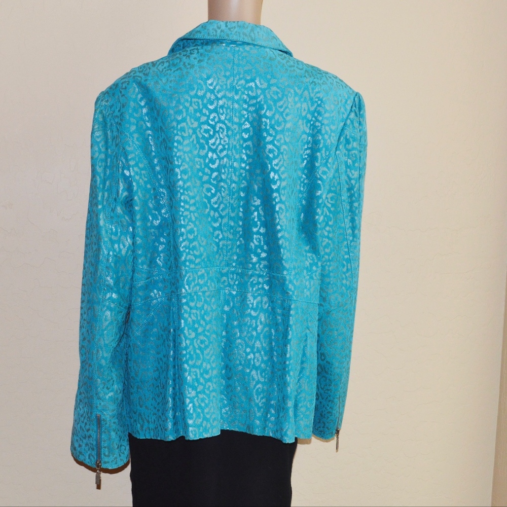 PAMELA MCCOY Blue & Silver Genuine Suede Cheetah Animal Print Zip Jacket NWT - Picture 5 of 6
